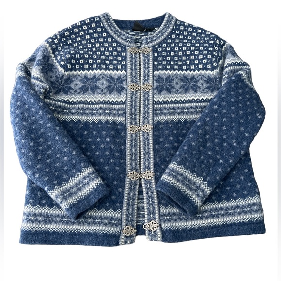 Skyr 100% Wool Fair Isle Cardigan Sweater Metal
Buttons Red Black Sz L EUC - Picture 1 of 5